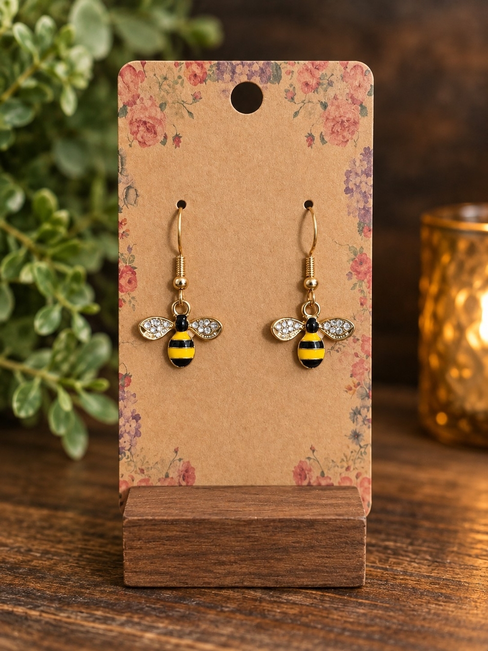 Bee Rhinestone Dangle Earrings Gold Tone Black Yellow Enamel